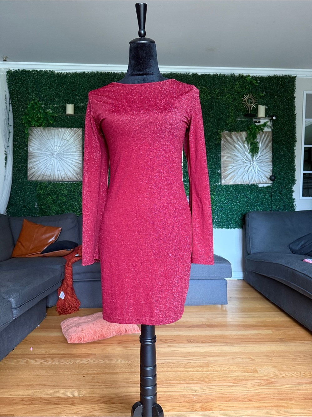 Burgundy Glitter Backless Mini Dress Bell Sleeve Holiday Party Bodycon Dress